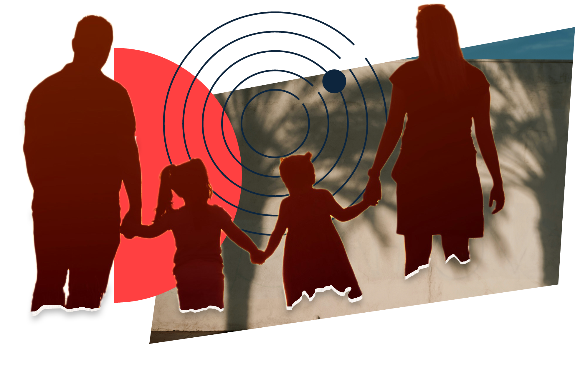 La sillhouette di una famiglia che si prende per mano sovrapposta a ritagli di paesaggi.